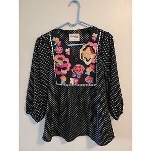 Savanna Jane Black White Polka Dot Embroidered Floral Bohemian Casual Tops‎ S
